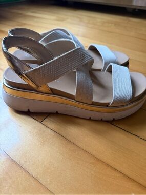 Womens Beige Platform Sandals with Gold Accent